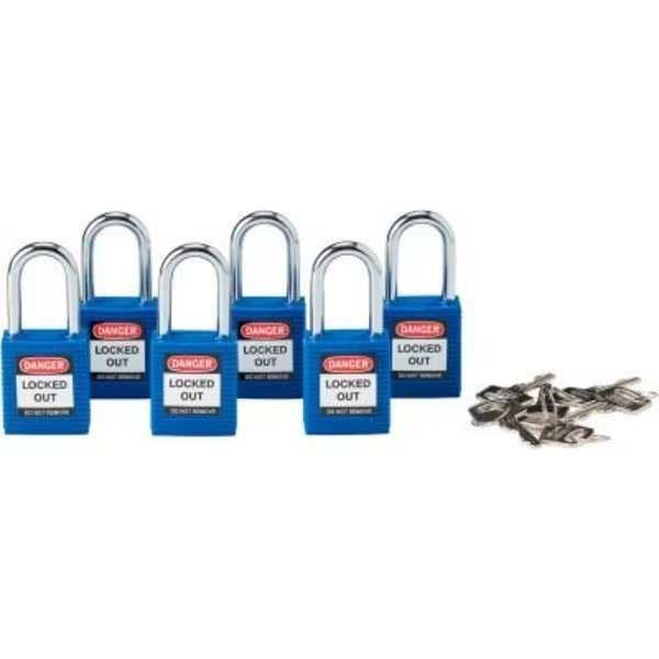 Brady® 150891 Safety Padlock With Label, Keyed Alike, Blue, Plastic Covered Steel, 6/Pack, Brady, Mfr#: 105891